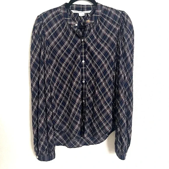 Veronica Beard Sz 4 Ashlynn Plaid Button Up Blouse Navy Blue Pearl Snap Academia - Picture 2 of 11